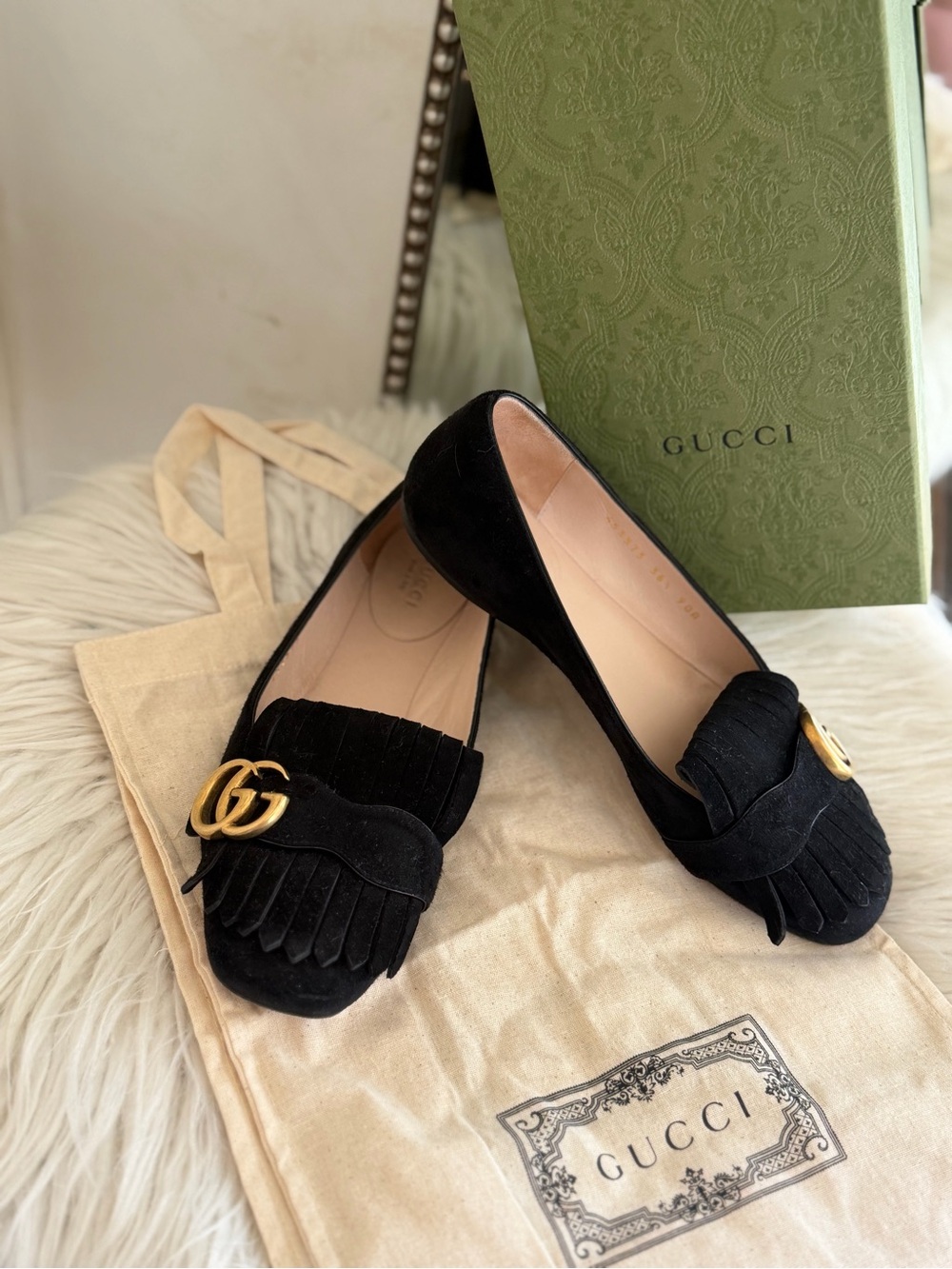 Gucci Black Suede Fringe Loafers with Gold GG Horsebit